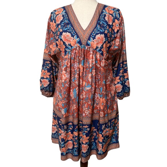 The Unbranded Brand Dresses & Skirts - Flowy Bohemian Orange Blue Paisley Floral Mini V Neck Womens Large Dress cottage